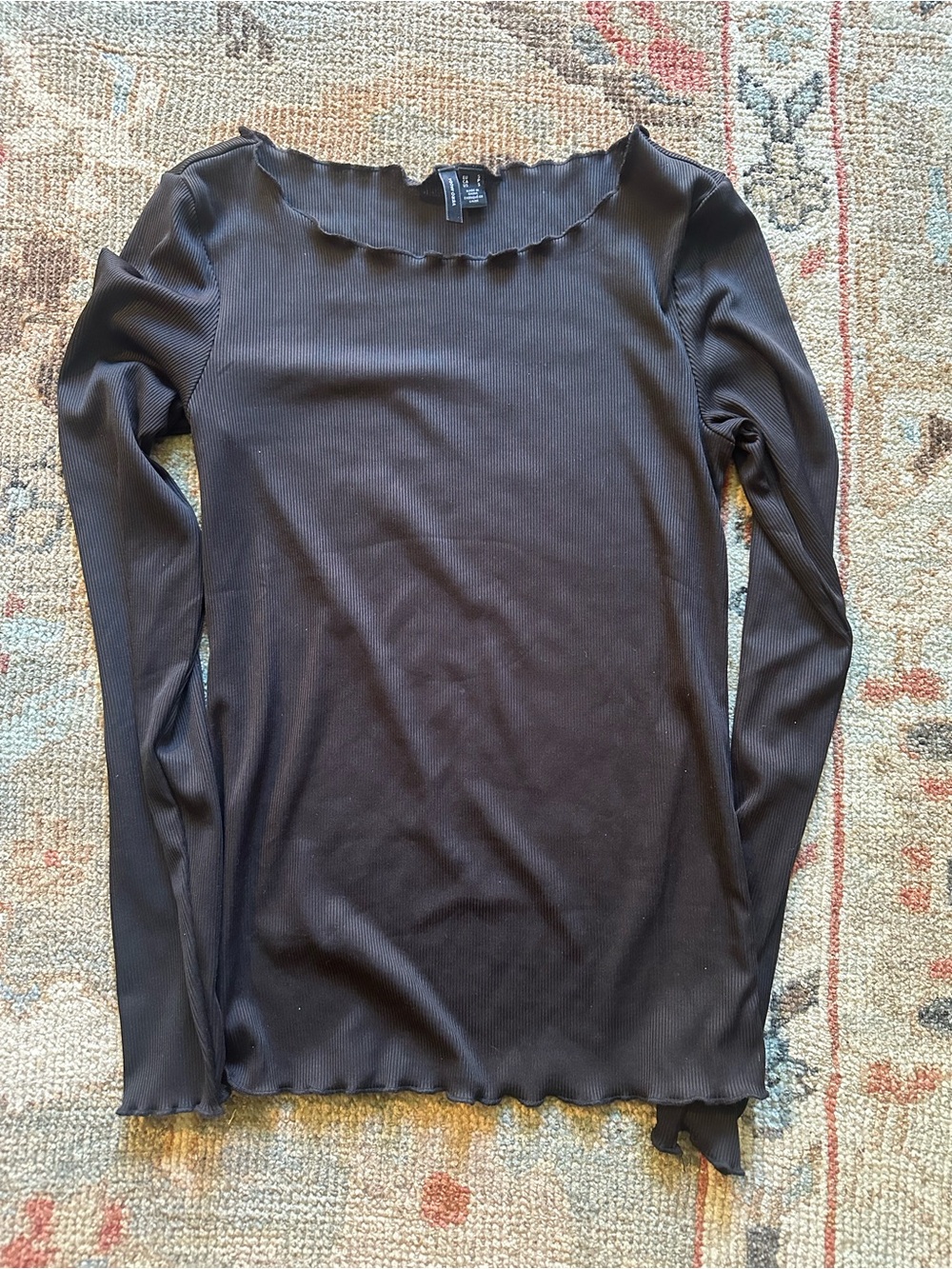 Vero Moda Brown Ribbed Long-Sleeve Scallop Neck Top